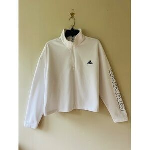 Adidas Plus Sz 2XL Women Cropped White Pullover Cozy Fleece Sweater Logo Sleeves